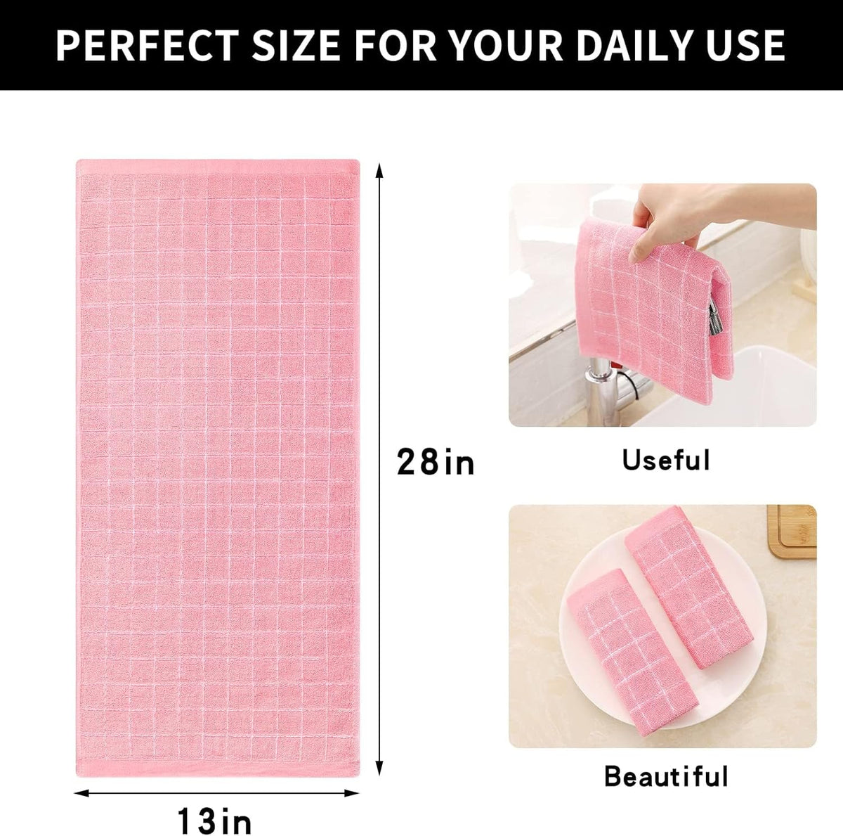 Homaxy 100% Cotton Terry Kitchen Towels(Pink, 13 x 28 inches), Checkered Designed, Soft and Super