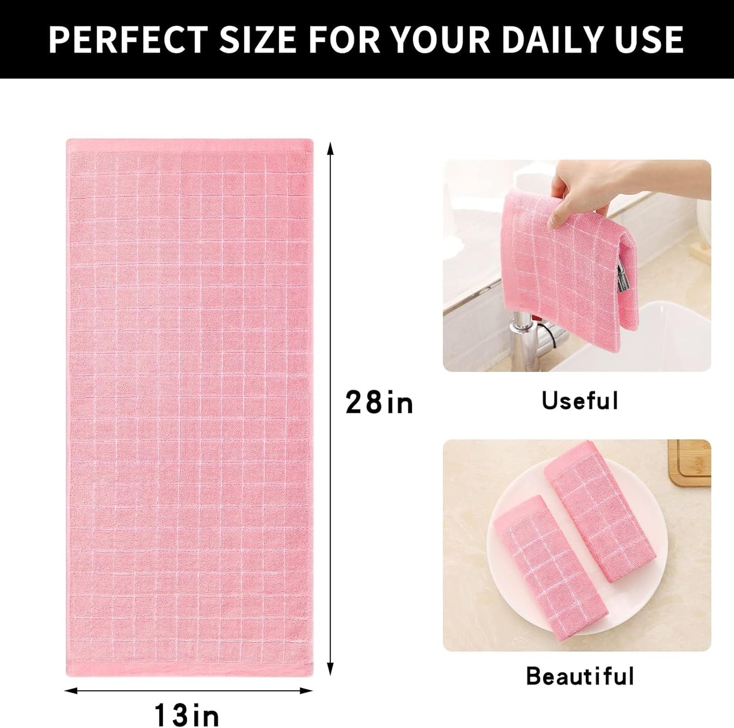 Homaxy 100% Cotton Terry Kitchen Towels(Pink, 13 x 28 inches), Checkered Designed, Soft and Super