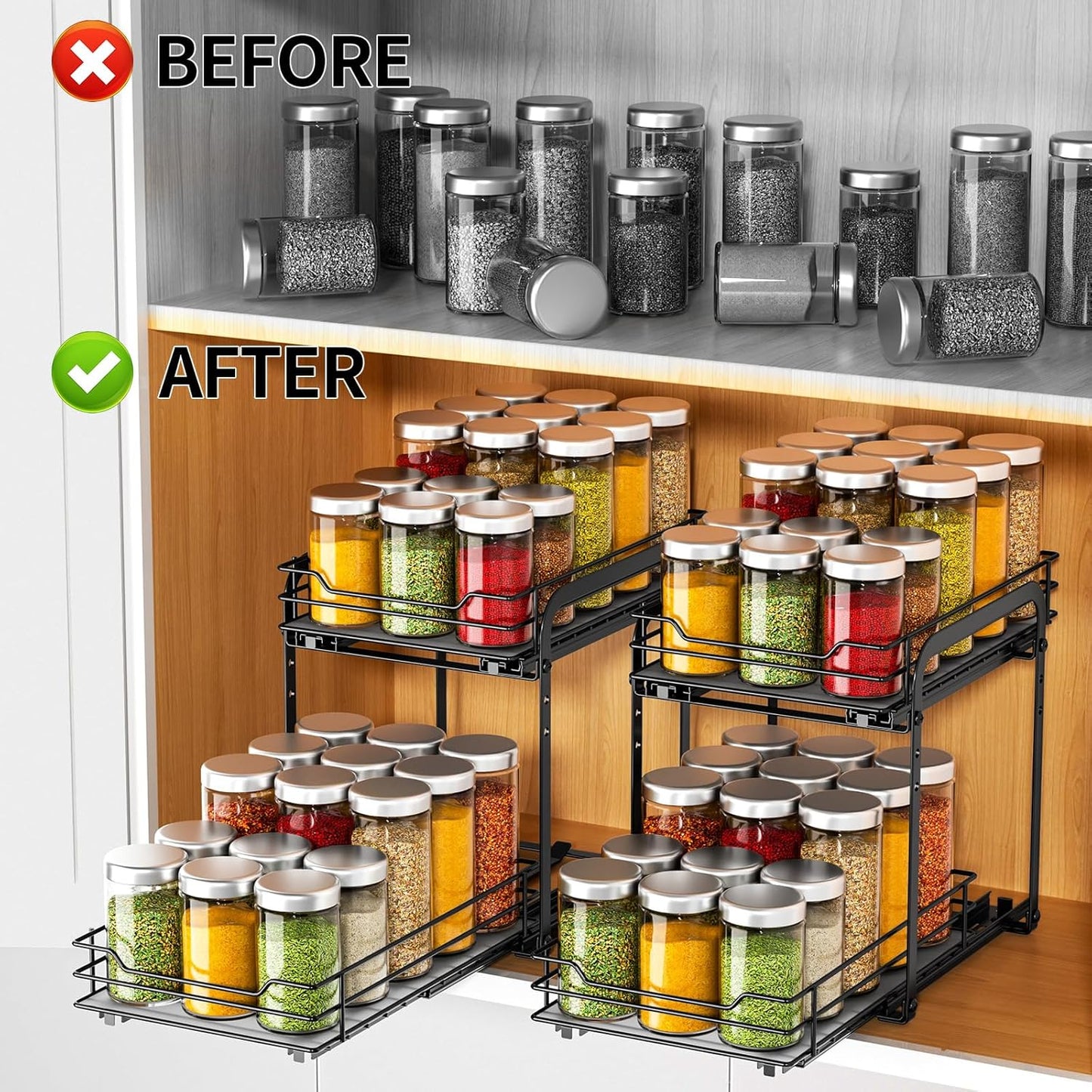 RCHYFEED Spice Rack, 2 Tier Pull out Cabinet Spice Organizer, Height Adjustable Slides out