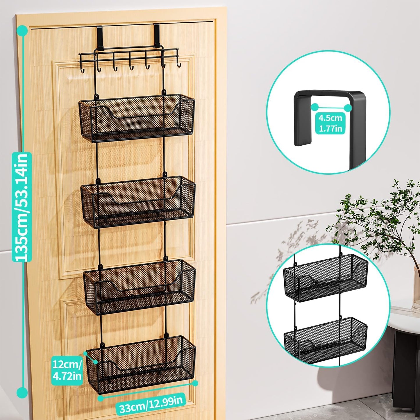 HapiRm Over The Door Organizer - Hanging Door Organizer with 4 Metal Large Capacity Baskets and