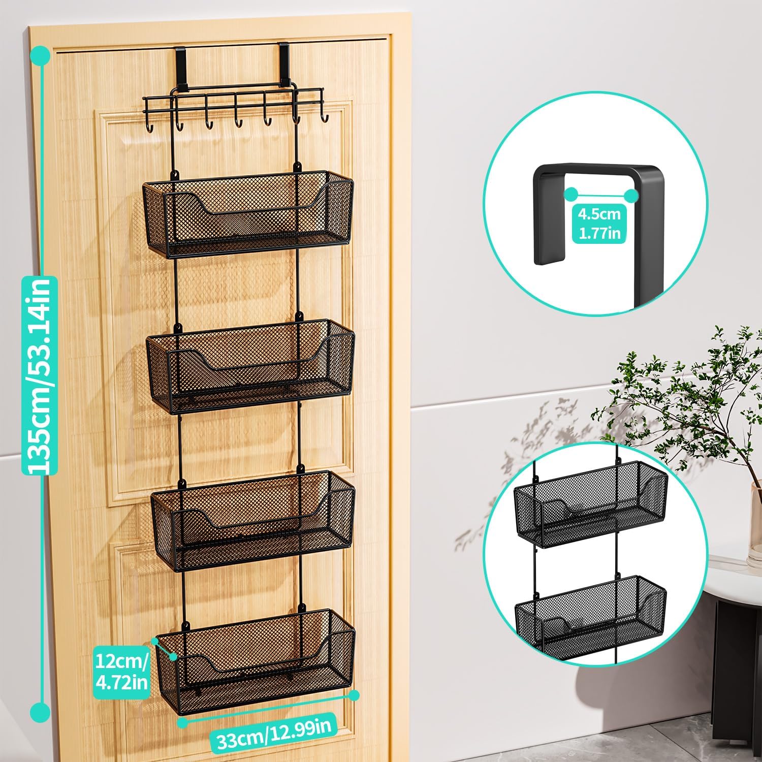 HapiRm Over The Door Organizer - Hanging Door Organizer with 4 Metal Large Capacity Baskets and
