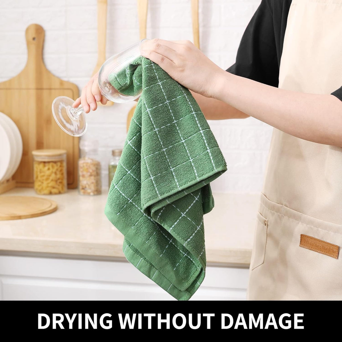 Homaxy 100% Cotton Terry Kitchen Towels(Grass Green, 13 x 28 inches), Checkered Designed, Soft and