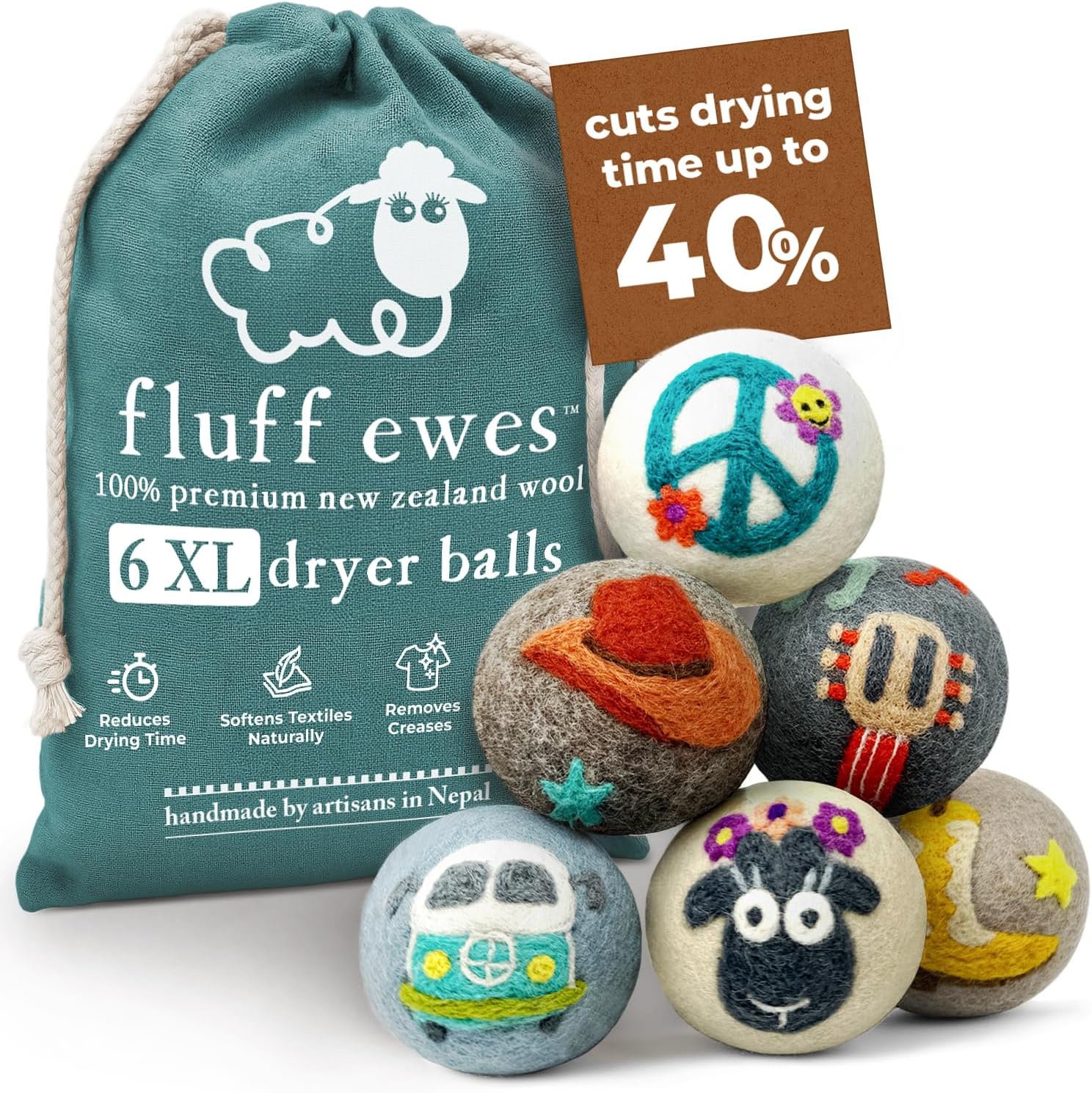 Fluff Ewes Wool Dryer Balls 6 Pack Premium New Zealand Wool Laundry Balls for Dryer, No Static