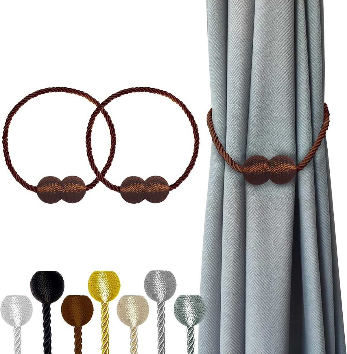 Hion Magnetic Curtain Tiebacks Dark Brown 2pcs, Curtain Tiebacks Buckles Holdbacks Holders Hooks