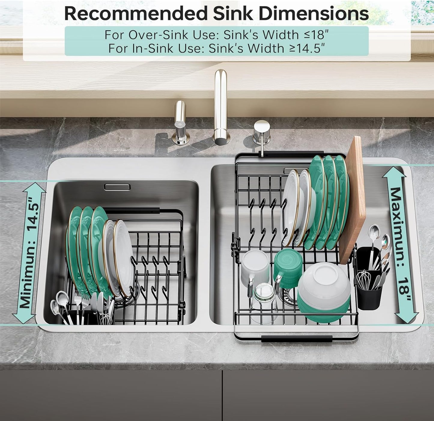 Dish Drying Rack in Sink - Expandable (14.5''-18''L) Over The Sink Dish Rack with Utensil Holder