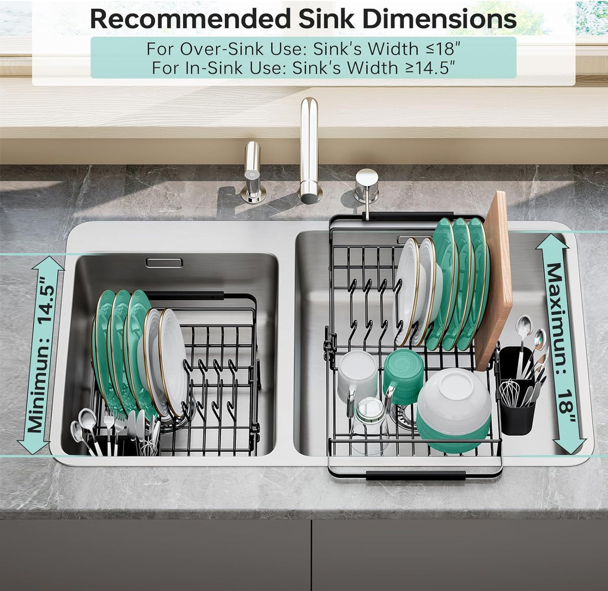 Dish Drying Rack in Sink - Expandable (14.5''-18''L) Over The Sink Dish Rack with Utensil Holder