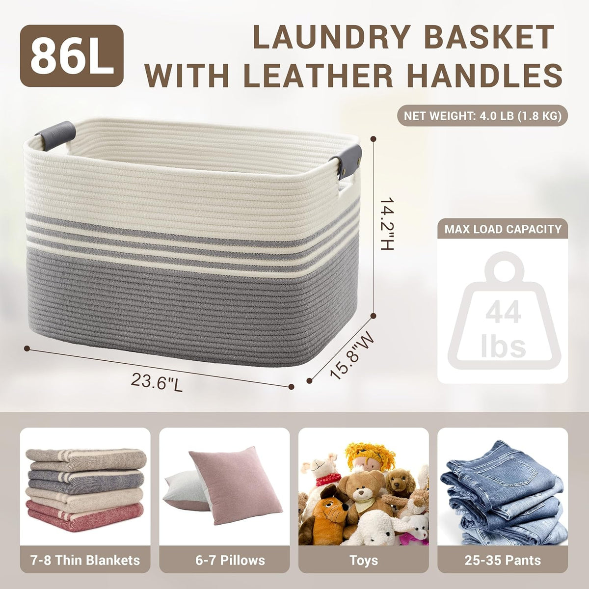 86L Extra Large Laundry Basket with Leather Handles for Living Room Storage, Woven Rope Baskets for