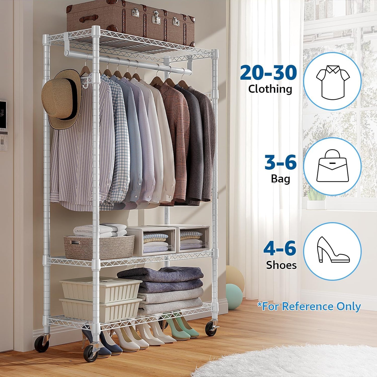 Heavy Duty Rolling Garment Rack 3 Tiers Adjustable Wire Shelving Clothes Rack with Rods and Side