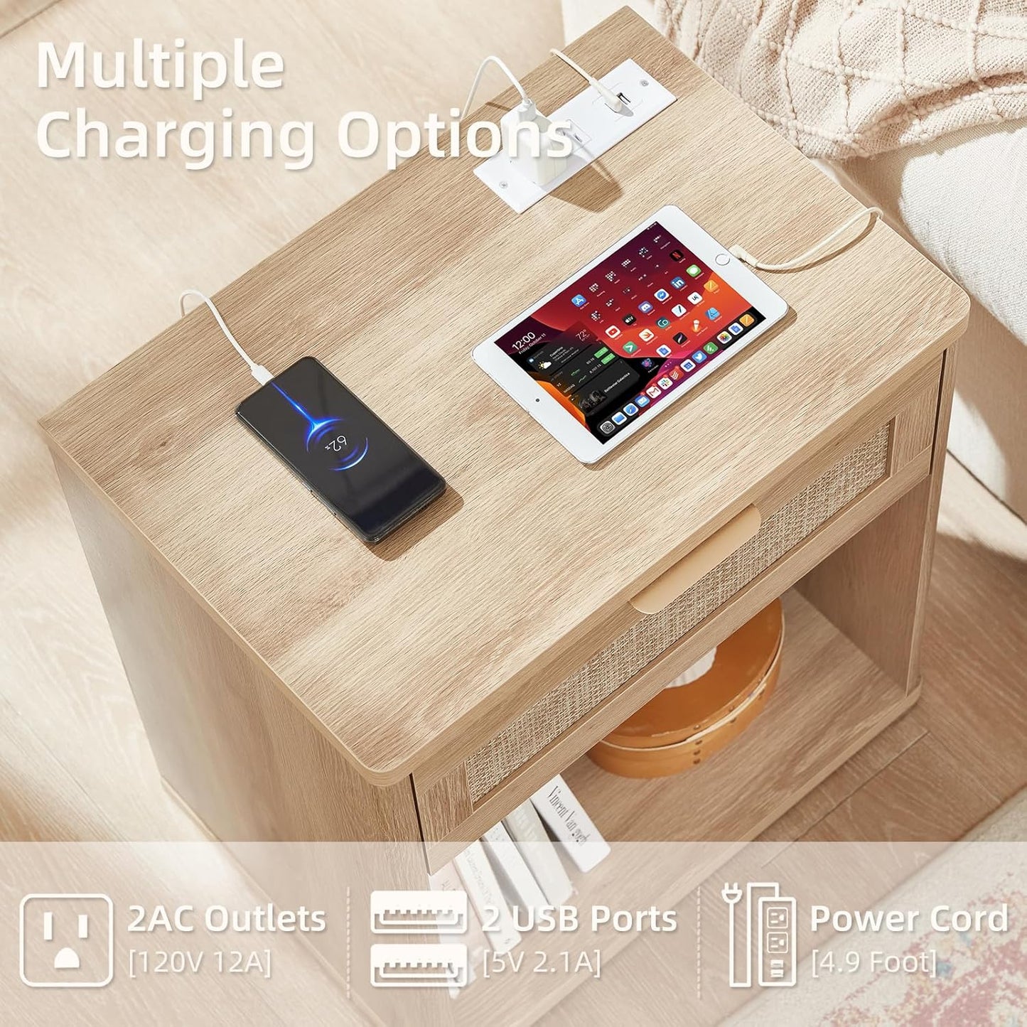 LEYAOYAO Rattan Nightstand with Charging Station, 23" Wide Boho Night Stand with Drawer, Natural