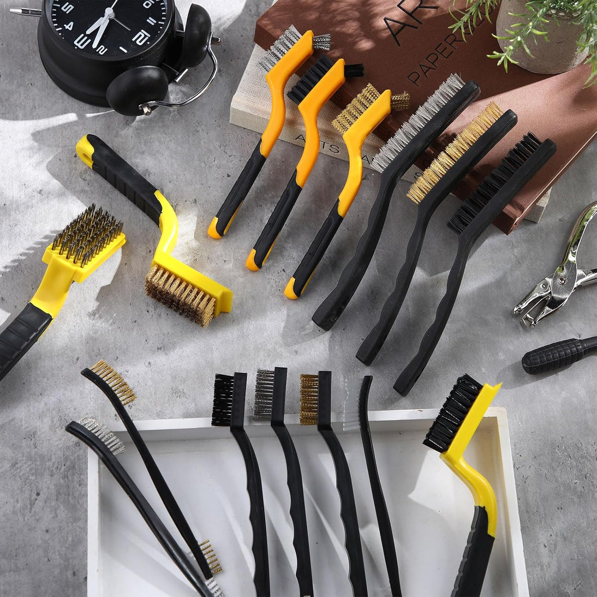 Sumind 30 Pcs Wire Cleaning Brush Set Nylon/ Stainless Steel/ Brass Metal Brush with Curved Handle