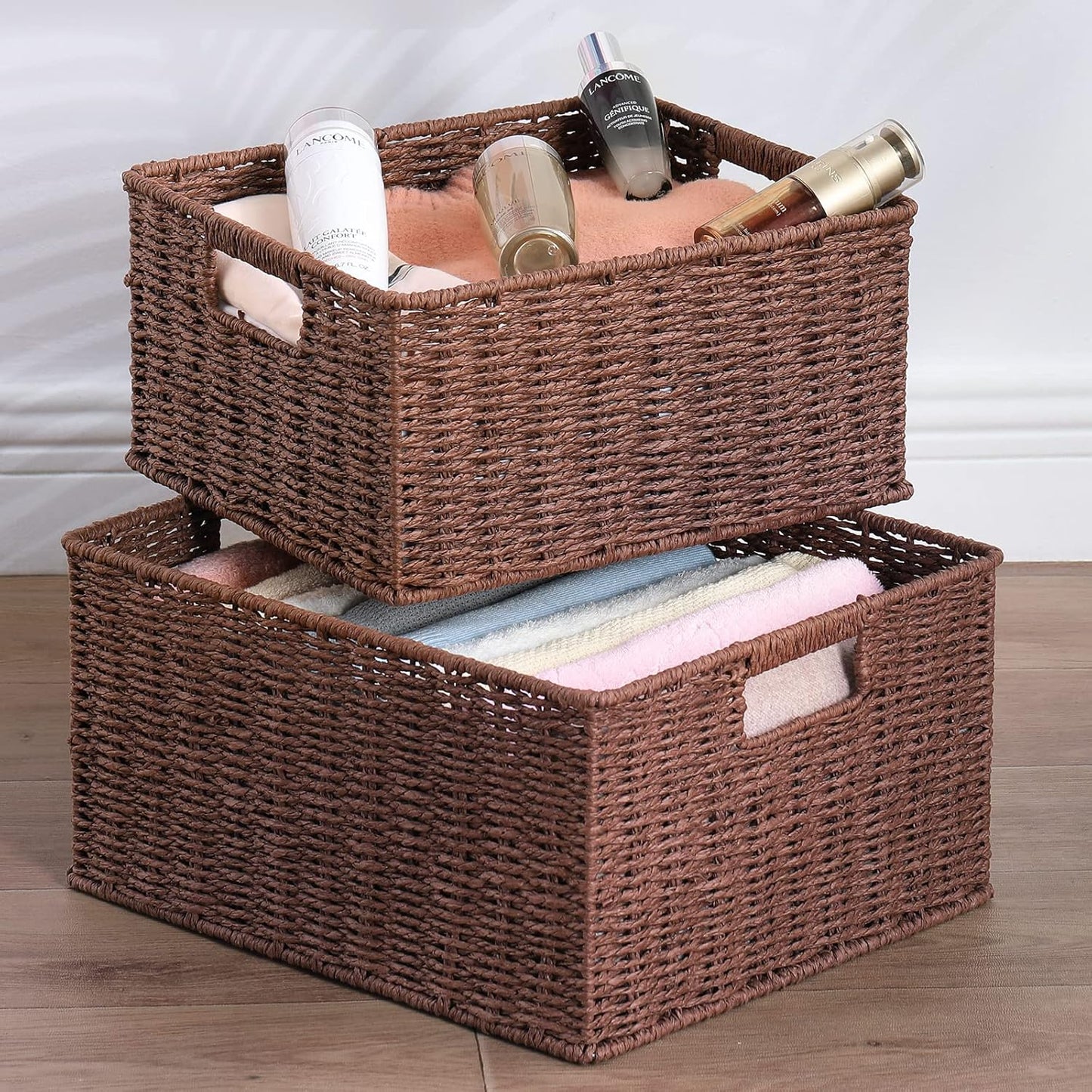 HOONEX Large Woven Storage Baskets, Paper Rope With Sturdy Metal Wire Frame, for Shelves, Set of 2