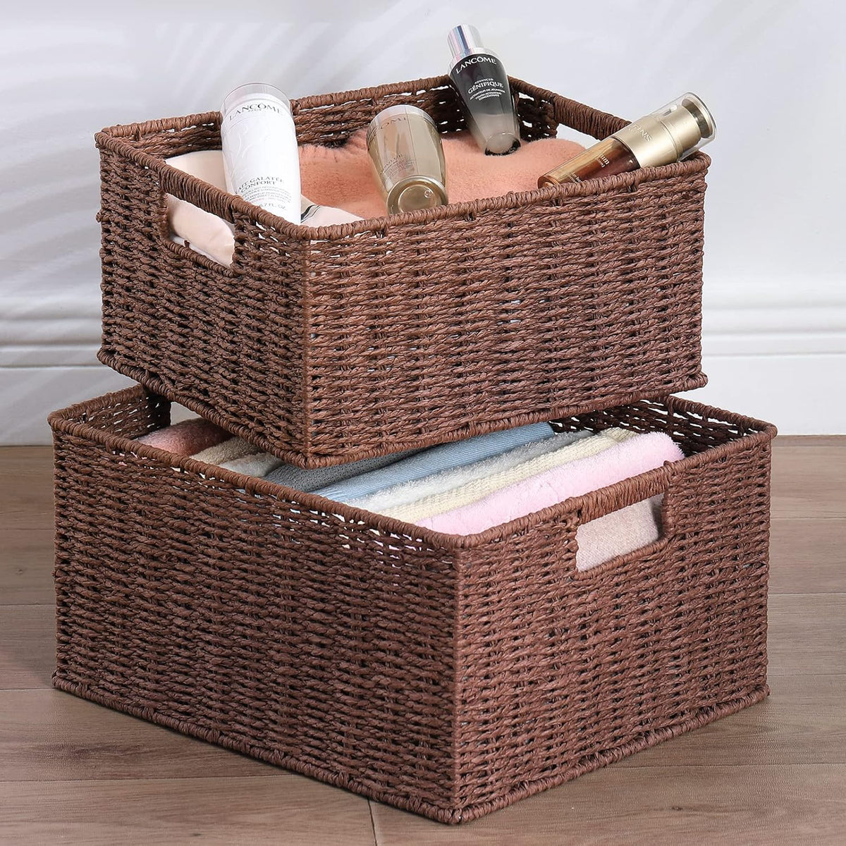 HOONEX Large Woven Storage Baskets, Paper Rope With Sturdy Metal Wire Frame, for Shelves, Set of 2