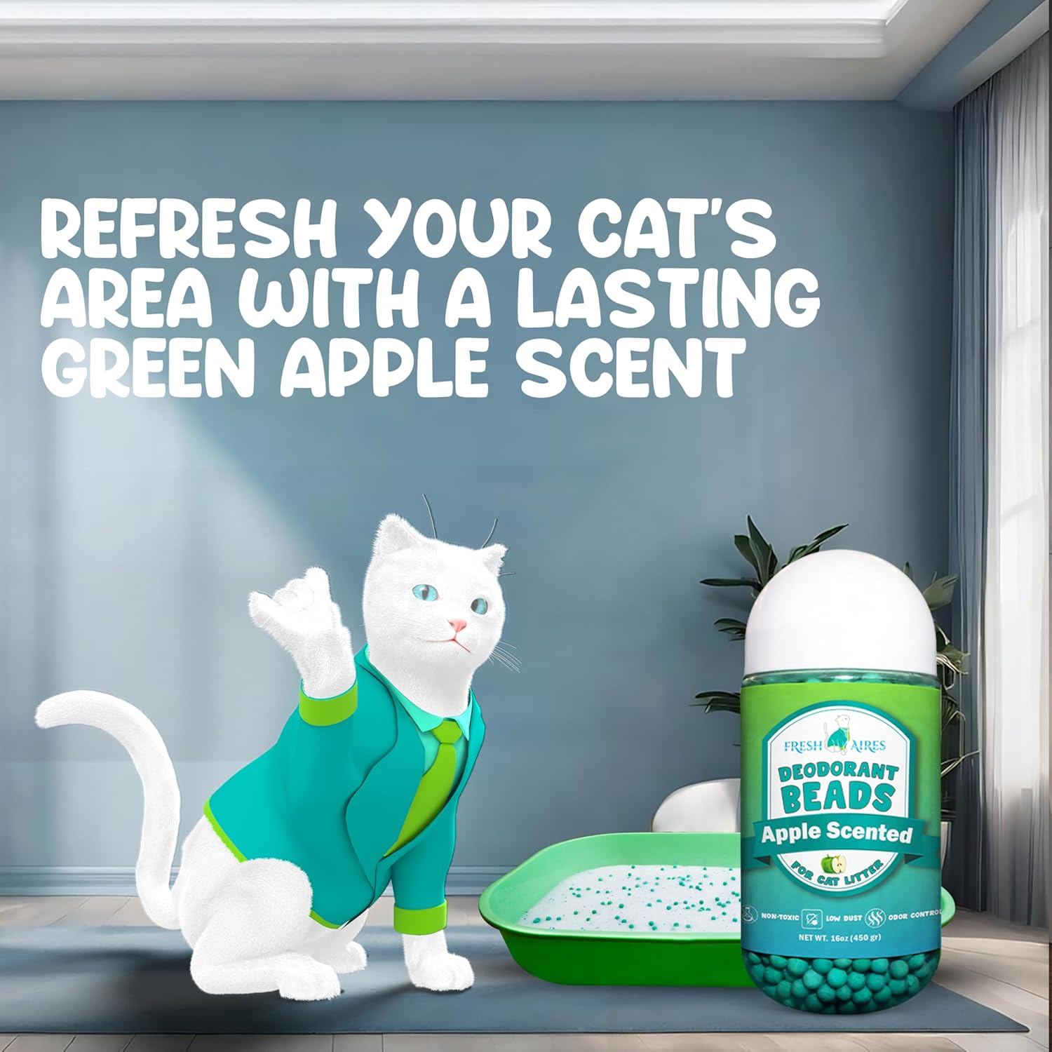 Cat Deodorant Beads | Green Apple Scent, Low-Dust & Non Toxic Litter Box, Superior Odor Control