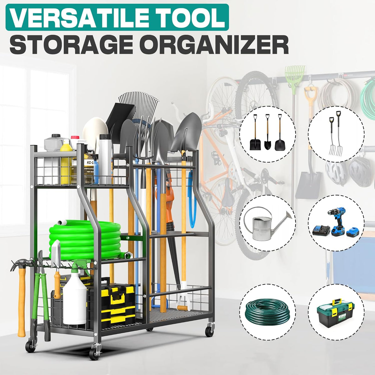 EVERHANGER Garden Tool Organizer Stand, Garage Tool Storage Organization, Yard Tool Racks with