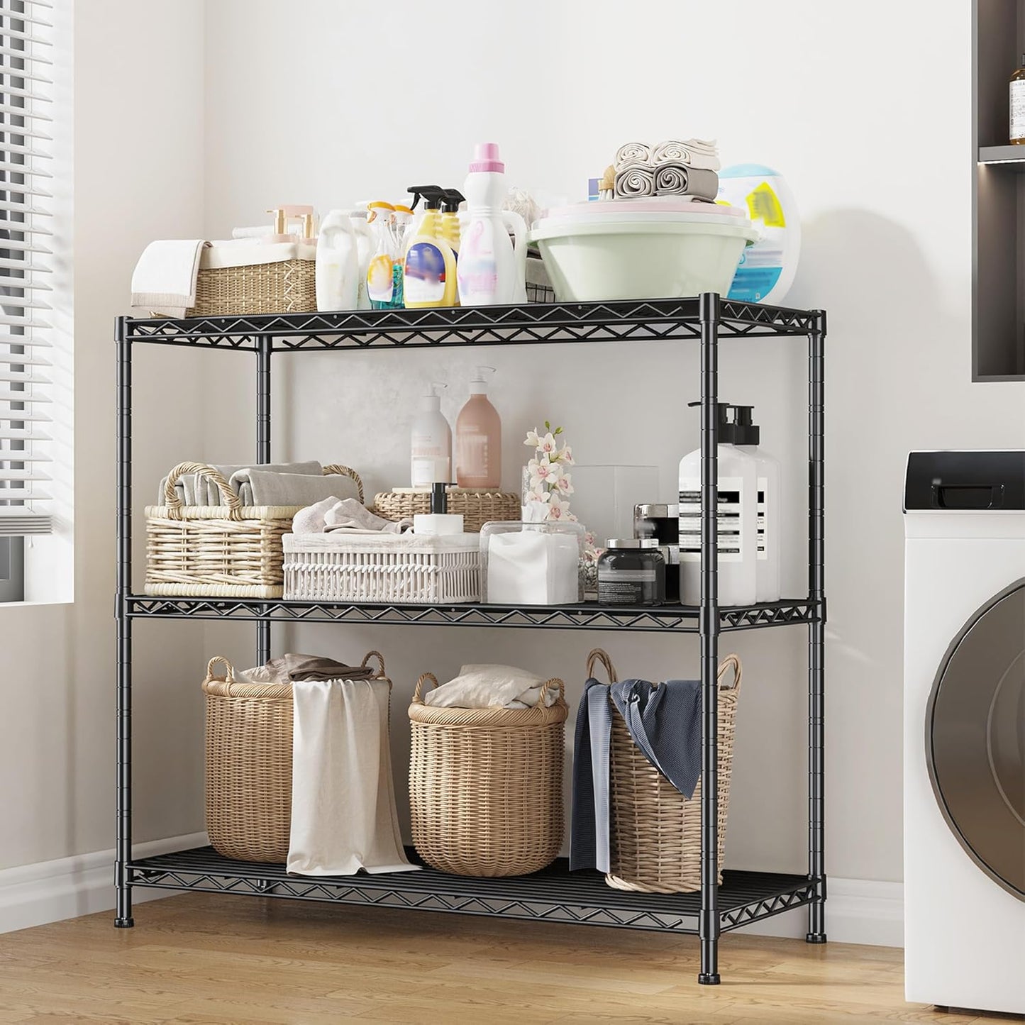 3- Shelf Metal Shelving Unit 35.6Wx14Dx36H Adjustable Storage Shelves Heavy Duty Garage Shelving