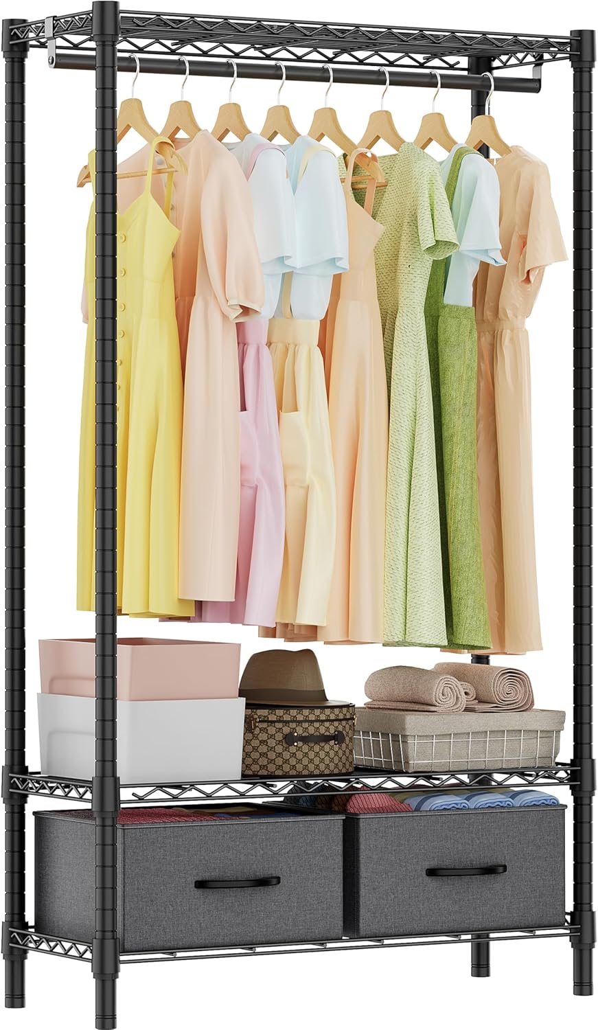 Heavy Duty Rolling Garment Rack 3 Tiers Adjustable Wire Shelving with Rod, Storage Closet Clothing
