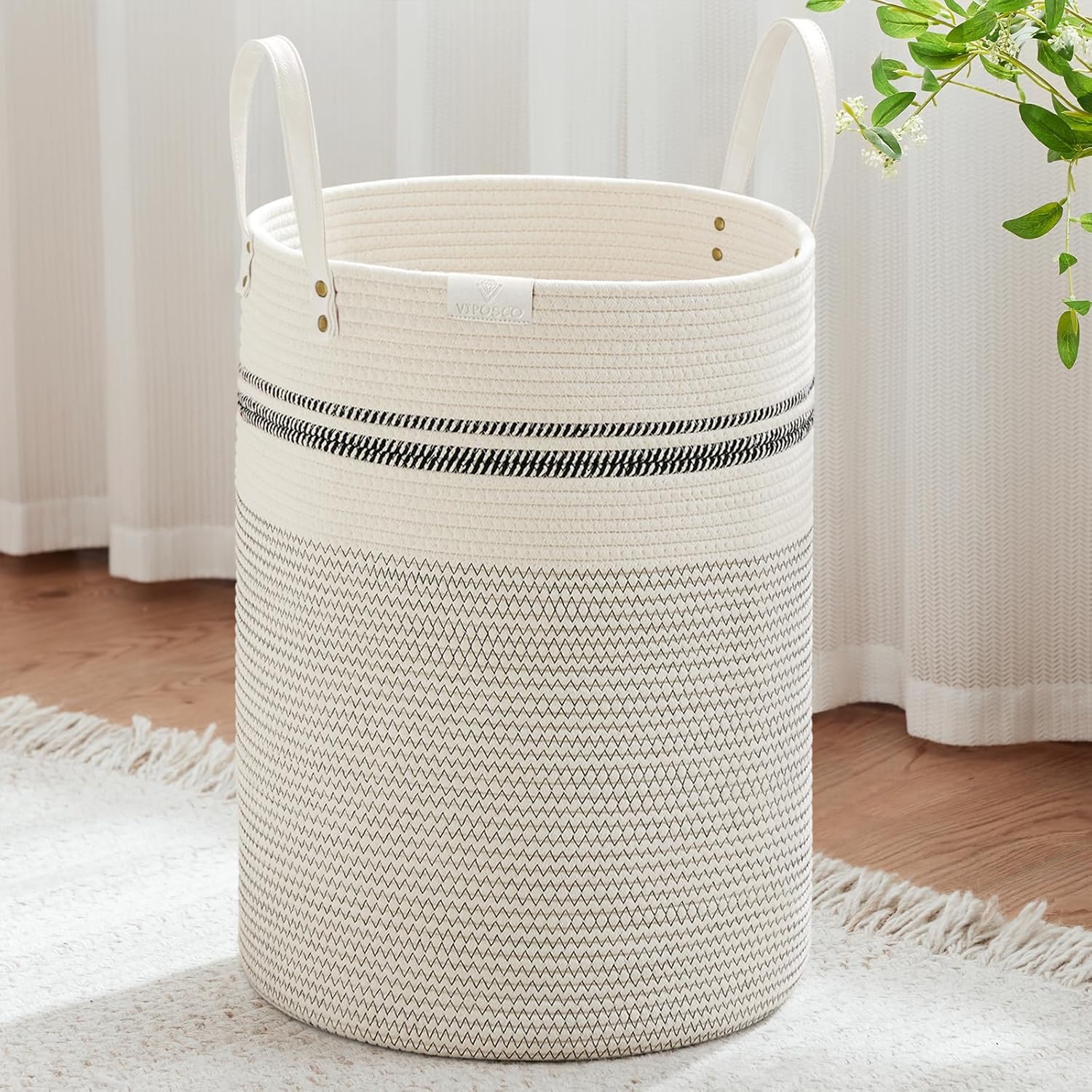 VIPOSCO Tall Laundry Basket, Large Dirty Clothes Hamper with Leather Handle, Woven Rope Storage