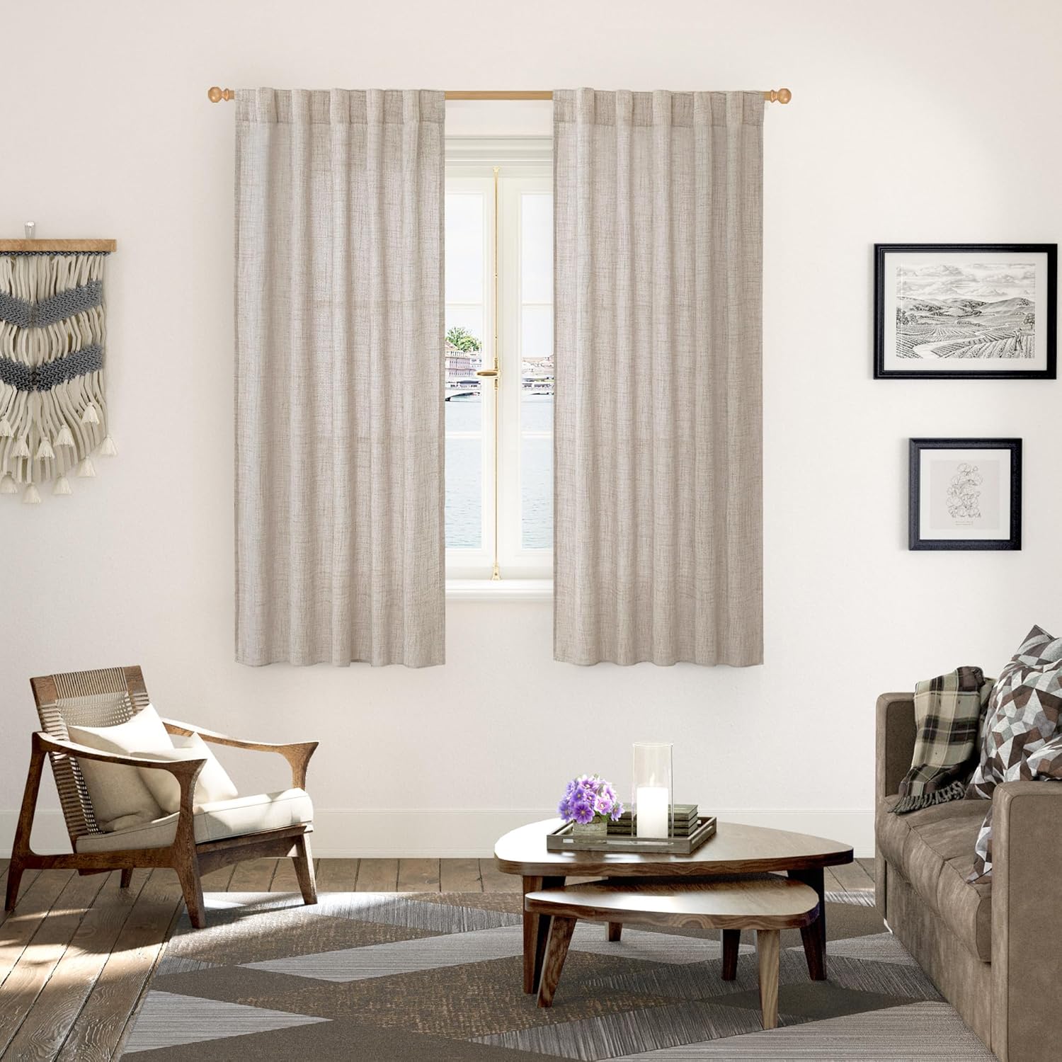 YoungsTex Linen Semi Sheer Curtains 63 Inch Length 2 Panels for Window, Light Filtering Drapes Rod