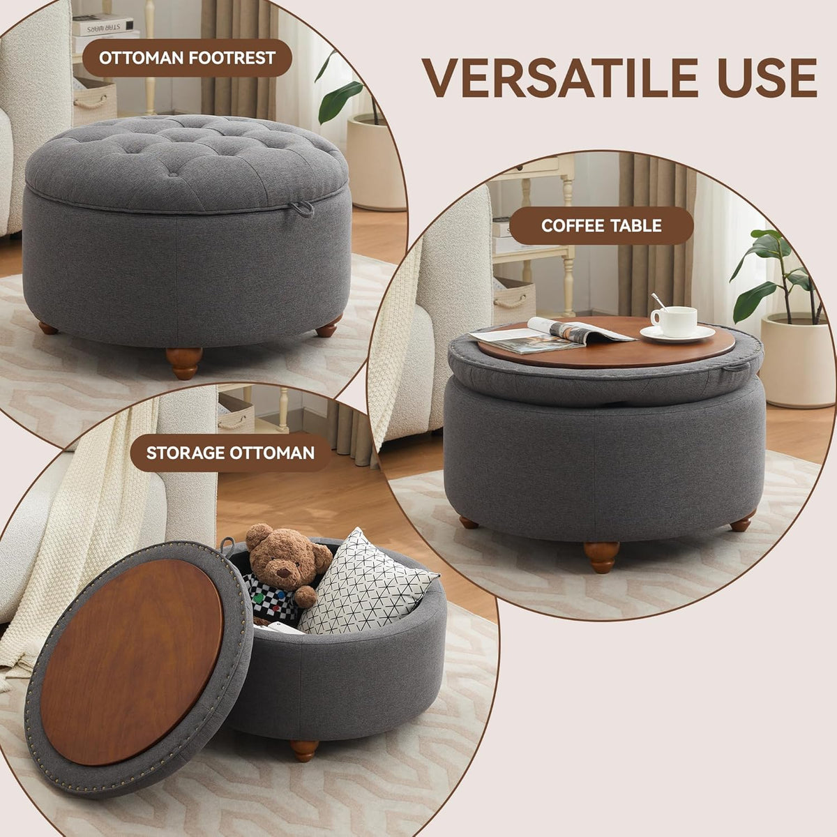 30Inch Round Storage Ottoman with Tray, Modern Tufted Fabric Circle Coffee Table with Storage