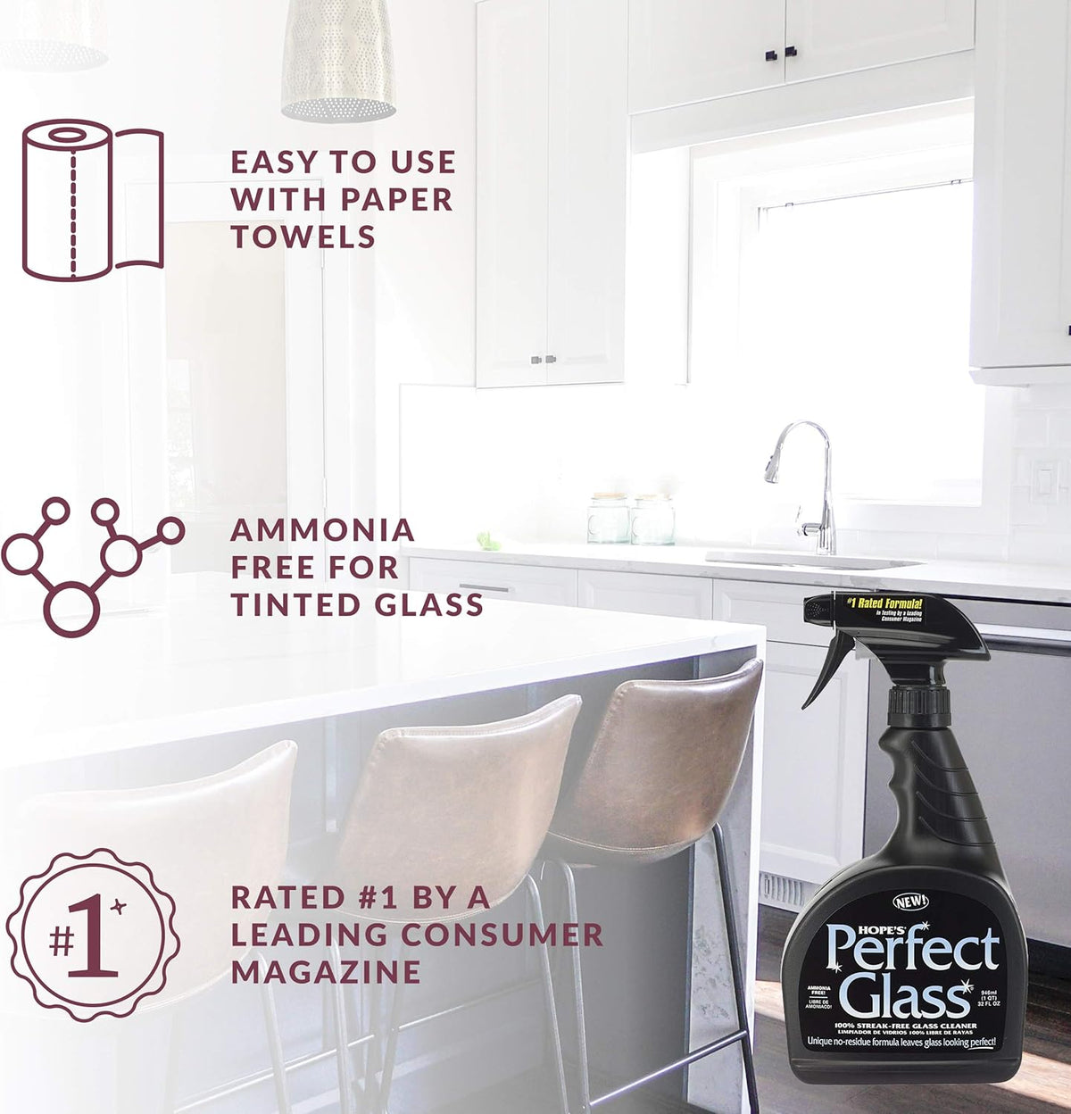 HOPE'S Perfect Glass Cleaner, Streak-Free, Ammonia-Free Window, Mirror, Screen, and Shower Door