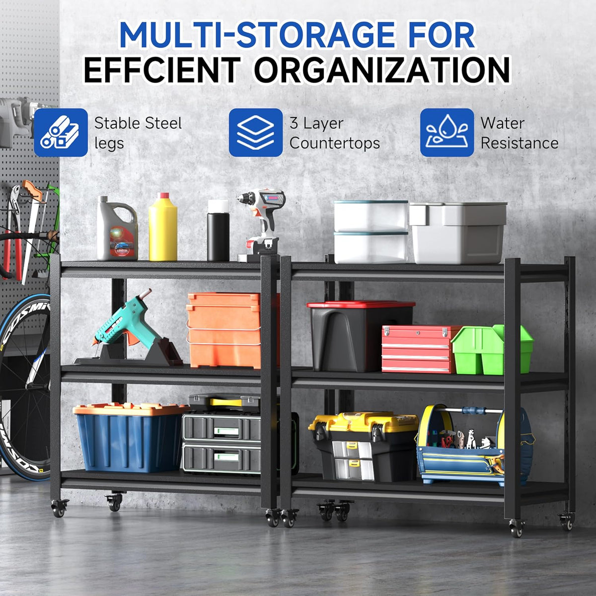 3 Tier Adjustable Garage Storage Shelving,Heavy Duty Utility Rack Shelf Unit on 4 Wheel