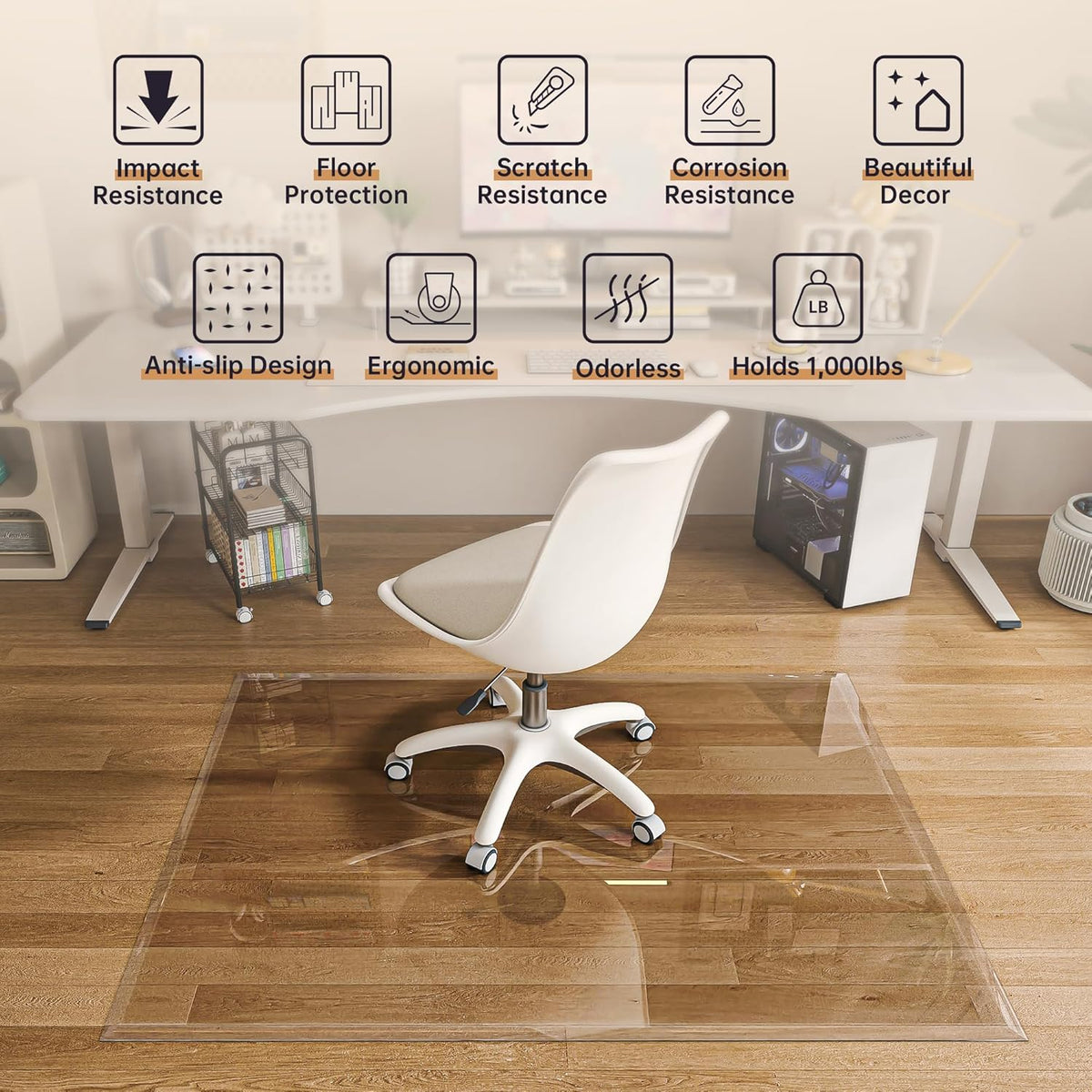 [Tempered Glass] 48“ x 36” Beveled Edge Glass Chair Mat with Polished Edge Clear Office Chair Mat