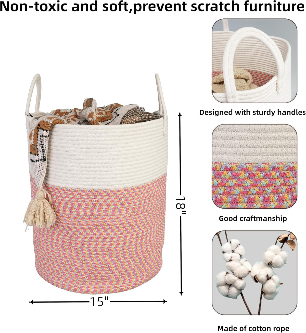 Cotton Rope Laundry Basket Hamper for Clothes Woven Storage Basket for Living Room Bedroom Boho