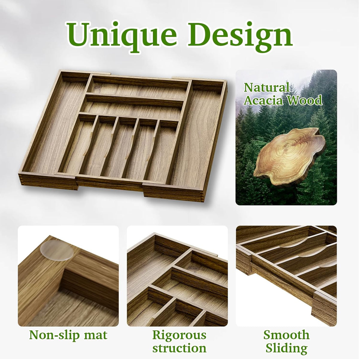 Acacia Wood Kitchen Silverware Drawer Organizer, Expandable Utensil Cutlery Drawer Organizer with