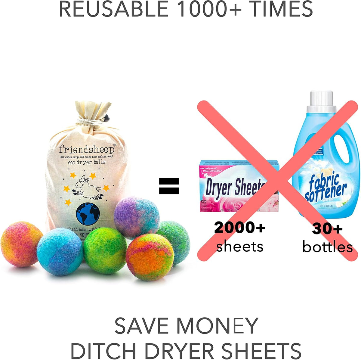 Friendsheep Wool Dryer Balls, Organic Reusable Fabric Softener Alternative for Laundry, Handmade