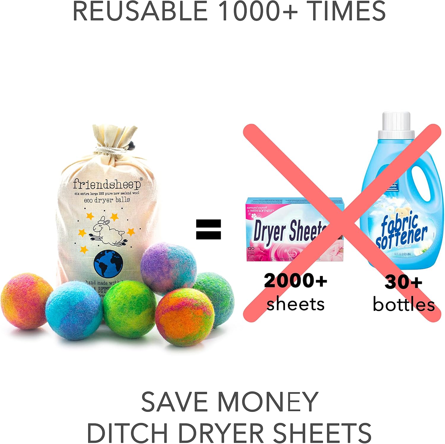 Friendsheep Wool Dryer Balls, Organic Reusable Fabric Softener Alternative for Laundry, Handmade