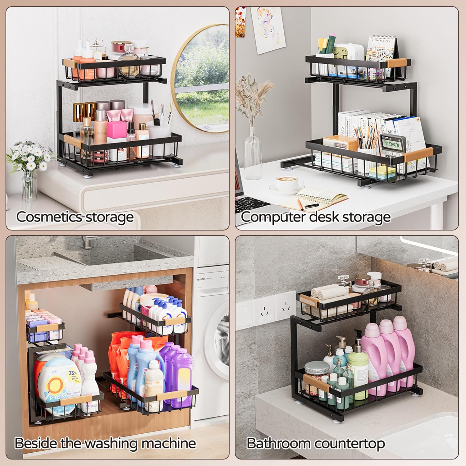 ADBIU Under Sink Organizer, 2 Pack 2 Tier Expandable Height (13.2" - 17.2") Pulling Out Kitchen