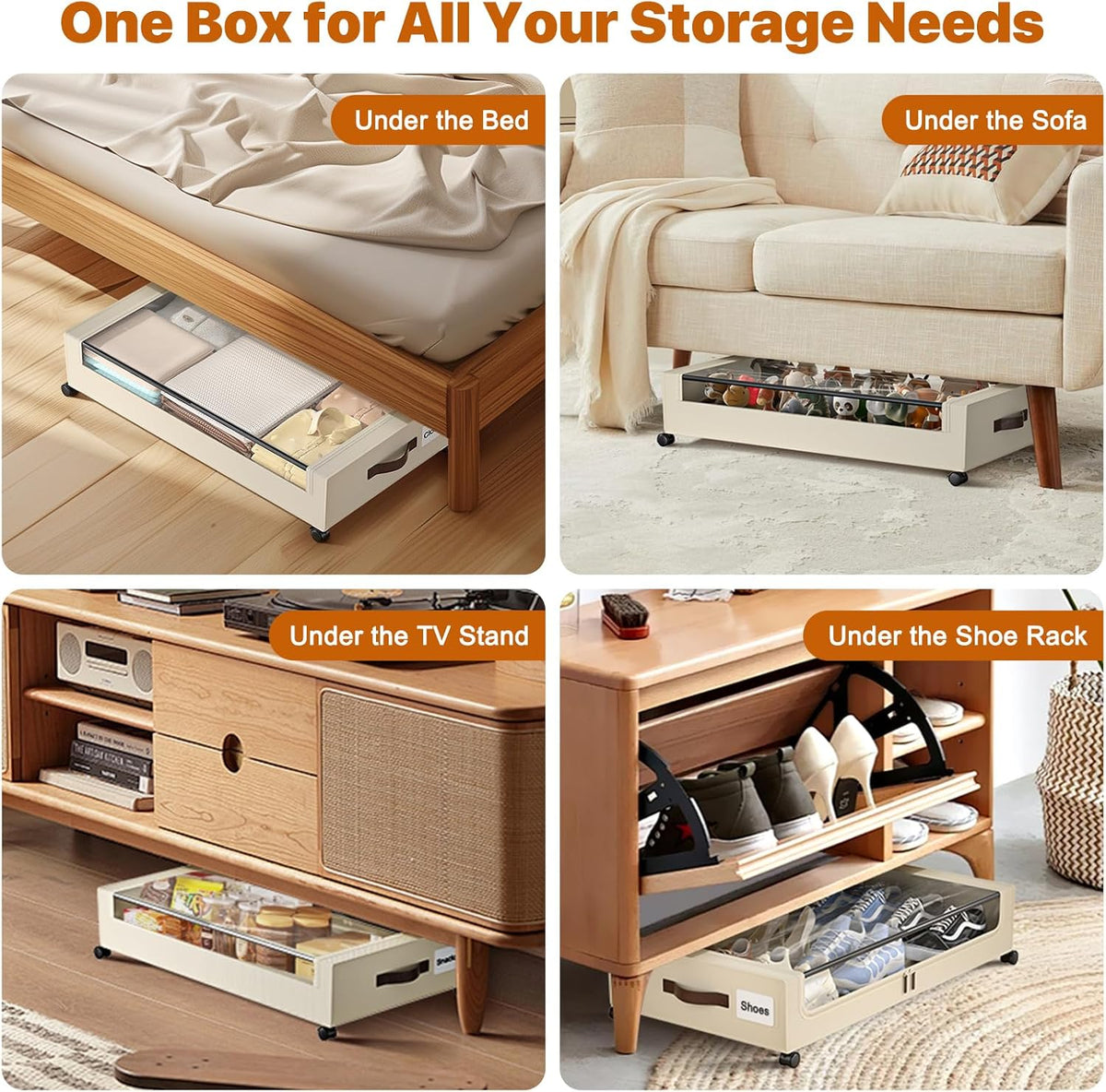 Under Bed Storage with Wheels,XXL 60L Under Bed Storage Containers with Clear Lids, Rolling Under