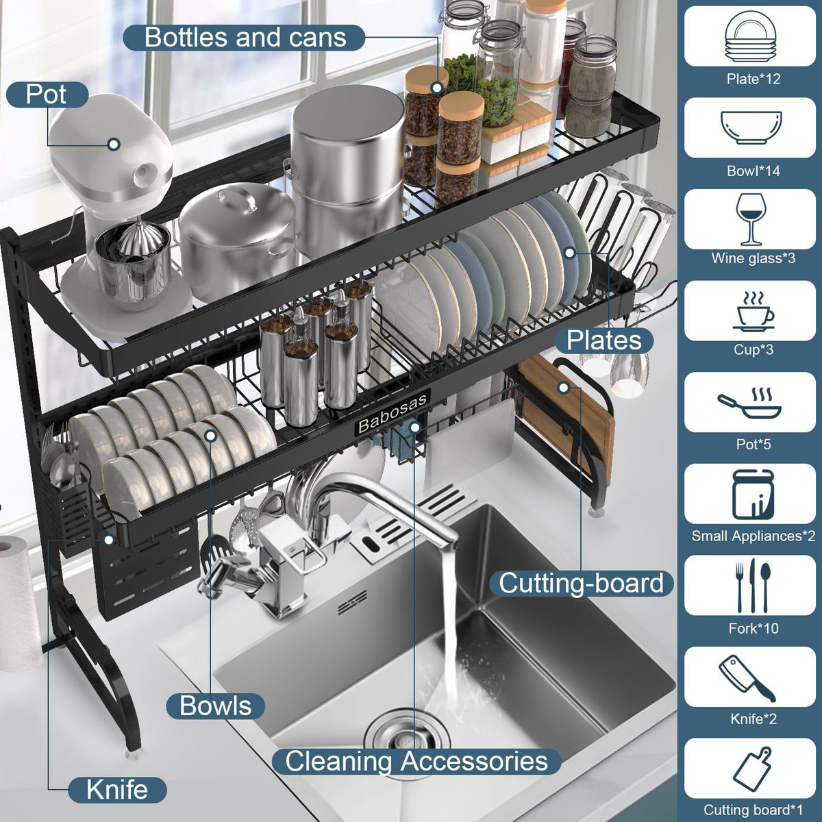 Over The Sink Dish Drying Rack,3 Tier Adjustable Length (25.5'' to 37.4'') Full Stainless Steel