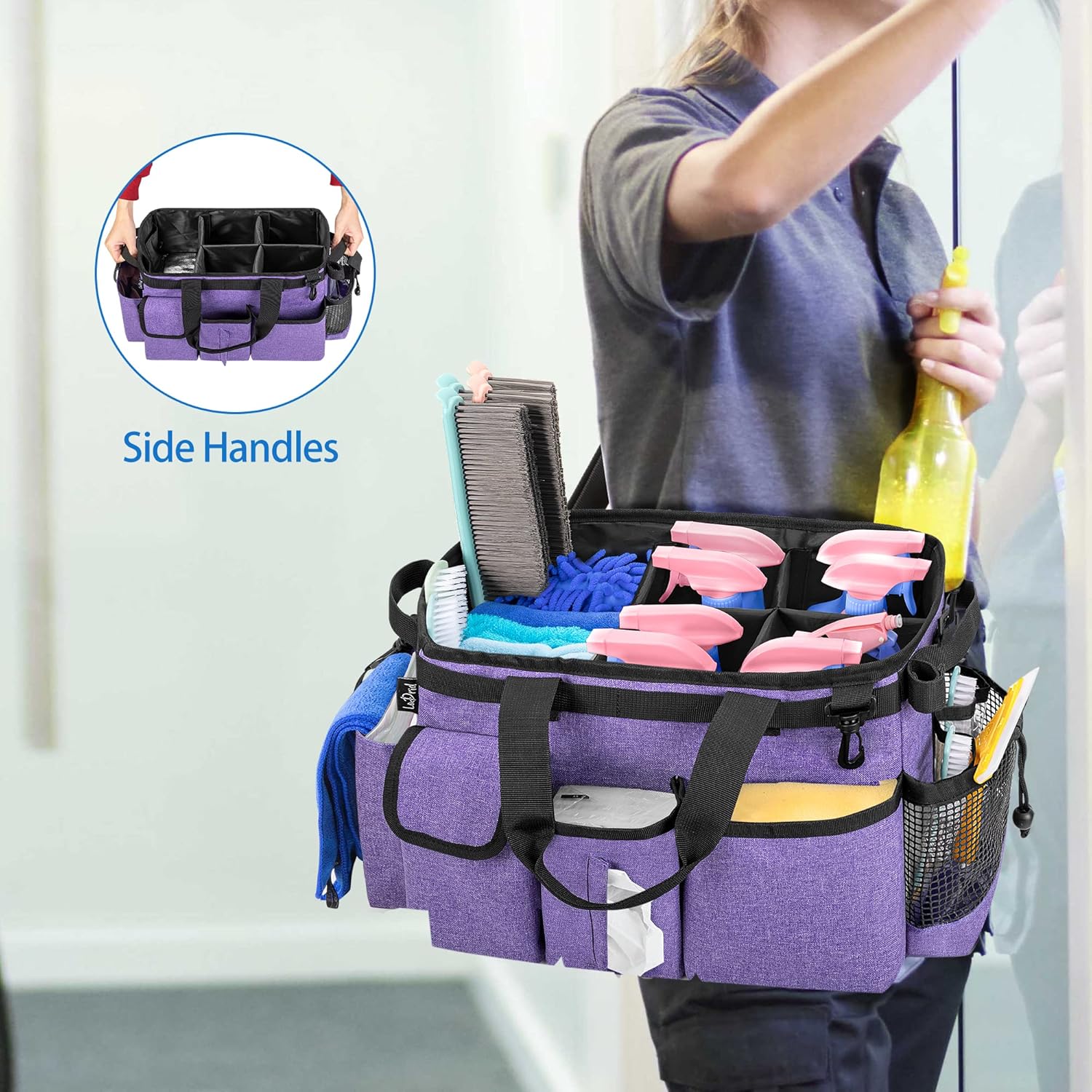 LoDrid Large Wearable Cleaning Caddy Bag with Detachable Divider, Cleaning Supply Tote Organizer