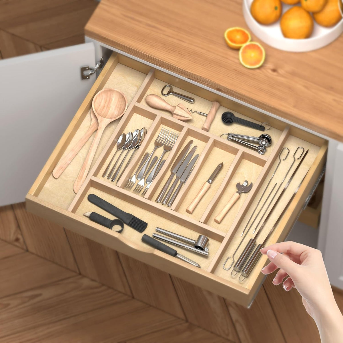 WelFurGeer Premium Wooden Silverware Organizer for Kitchen Drawers, Utensil Tray for Kitchen
