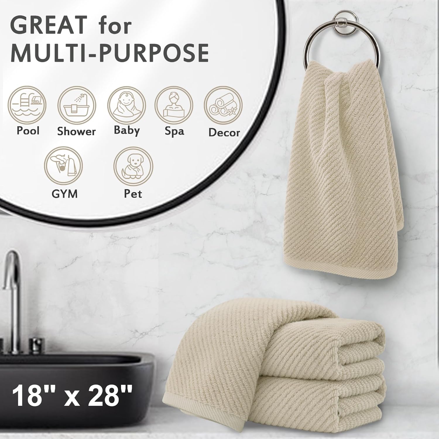 VOOVA & MOVAS Taupe Hand Towels for Bathroom, Large 18"x28" | 100% Cotton | Lightweight | Thick |