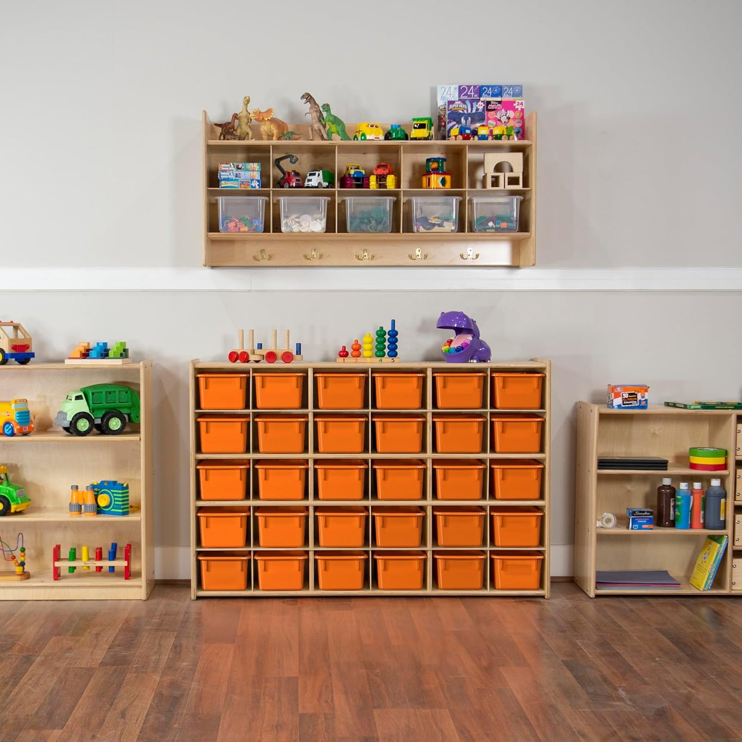 Wood Designs Cubby Storage Bin, Heavy Duty Plastic Containers for Kids Orange Cubby Tray Set of 12