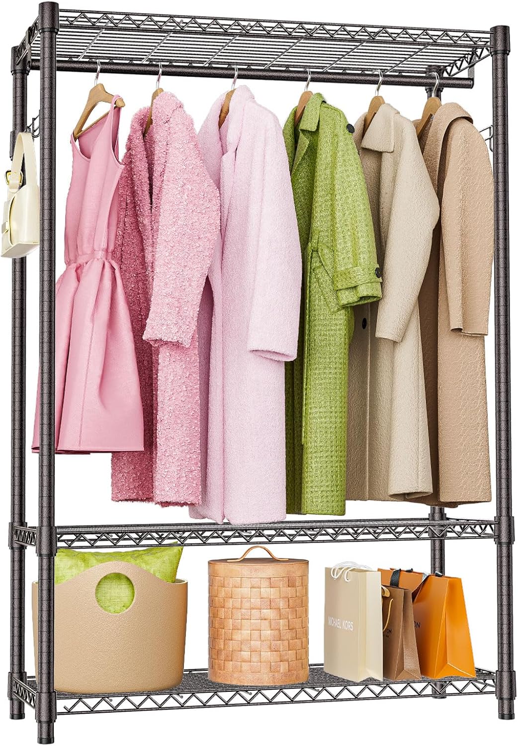 Heavy Duty Rolling Garment Rack 3 Tiers Adjustable Wire Shelving Clothes Rack with 1 Rods and Side