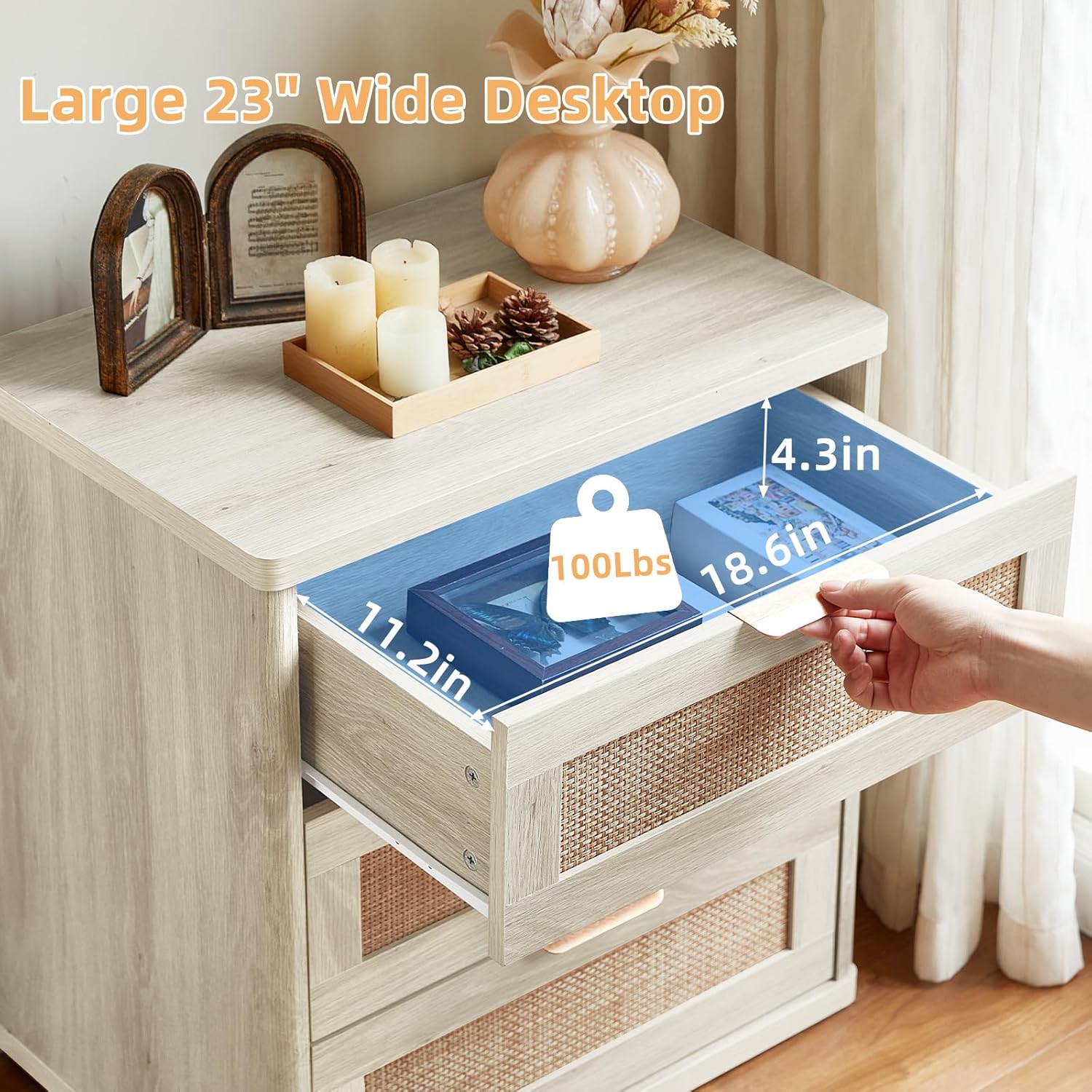 LEYAOYAO Rattan Night Stand with Drawers, 23" Large 3 Drawer Boho Nightstand, Grey White Bedside