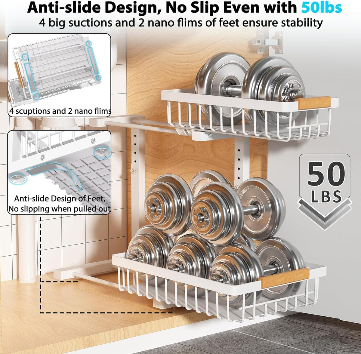 Under Sink Organizer 2 pack, 2 Tier Slide Out Under Sink Organizers And Storage, Height Adjustable