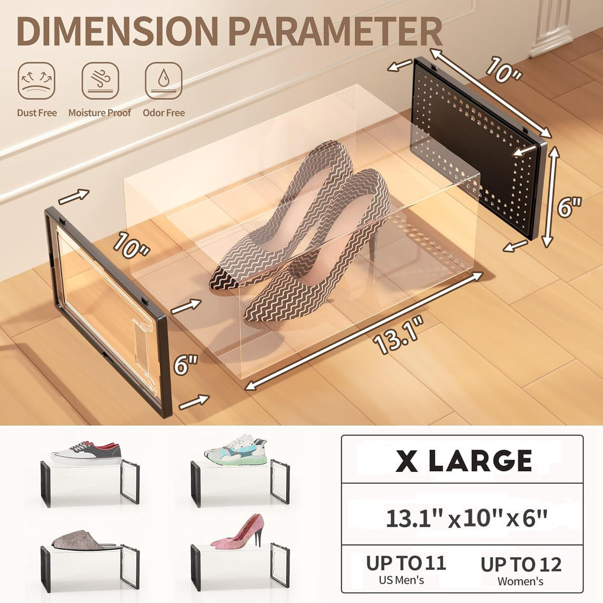 12 Pack X Large Shoe Storage Organizer for Closet, Modular Space Saving Shoe Boxes Clear Plastic