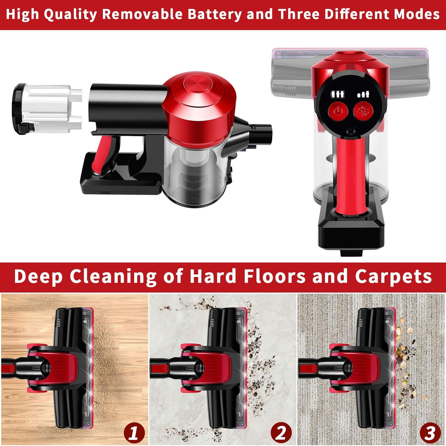 iwoly C150 Cordless Vacuum Cleaner Rechargeable with 2200mAh Detachable Battery, 18000Pa Cyclone