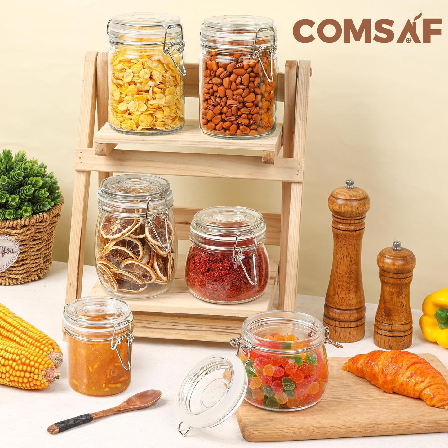 ComSaf 8oz Small Airtight Glass Jars Set of 6 with Lid Food Storage Jar Round, Mini Storage