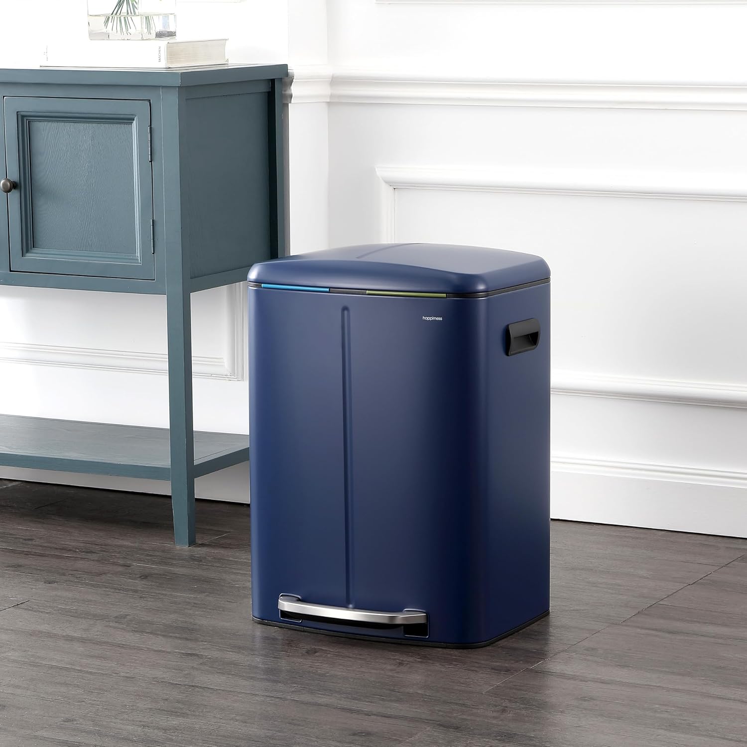 happimess HPM1005J Marco Rectangular 10.6-Gallon Double Bucket Trash Can with Soft-Close Lid, Denim