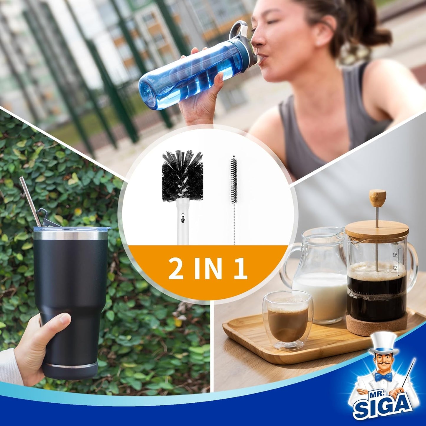 MR.SIGA Water Bottle Brush and Straw Cleaner Brush, Long Handle Bottle Cleaner Brush, 2 in 1 Bottle