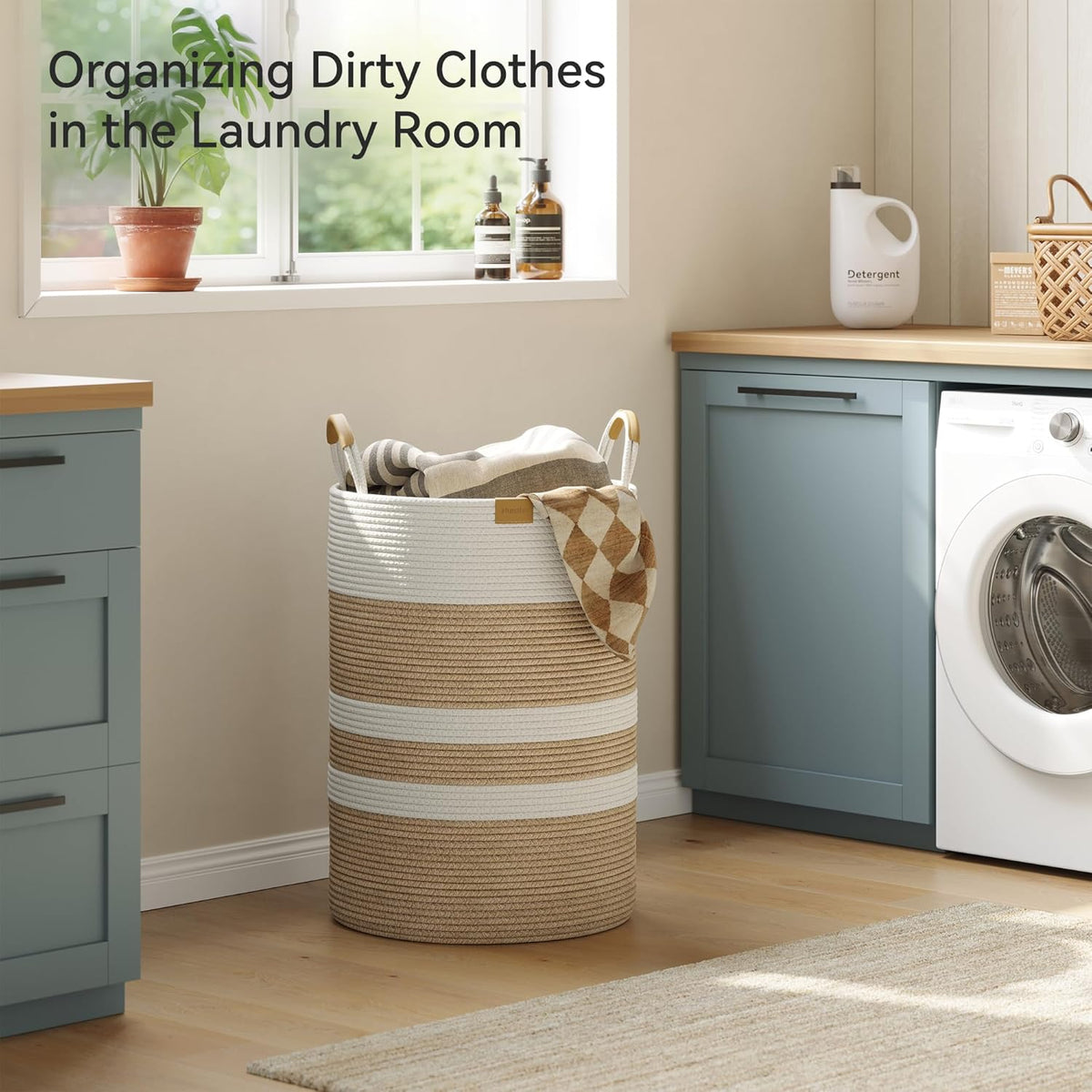 95L Striped Laundry Hamper with Leather Handles,Large Foldable Laundry Basket for Clothes,Cotton