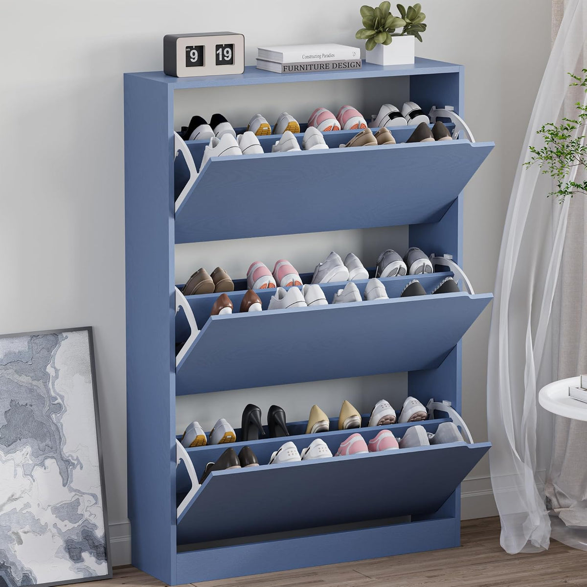 Shoe Cabinet with 3 Flip Drawers, Hidden Wood Shoe Cabinet,Freestanding Shoe Storage Cabinet for