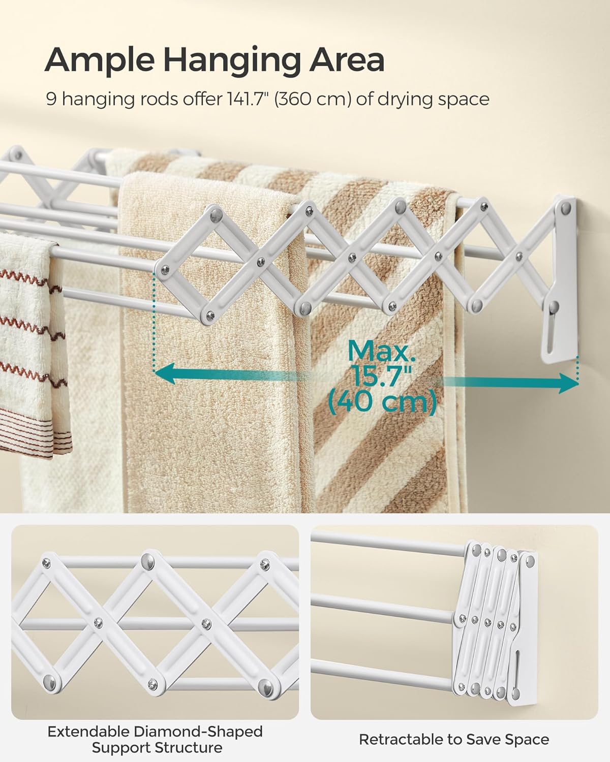 SONGMICS Clothes Drying Rack, Wall-Mounted Drying Rack Clothing, Small Accordion Laundry Rack, 9