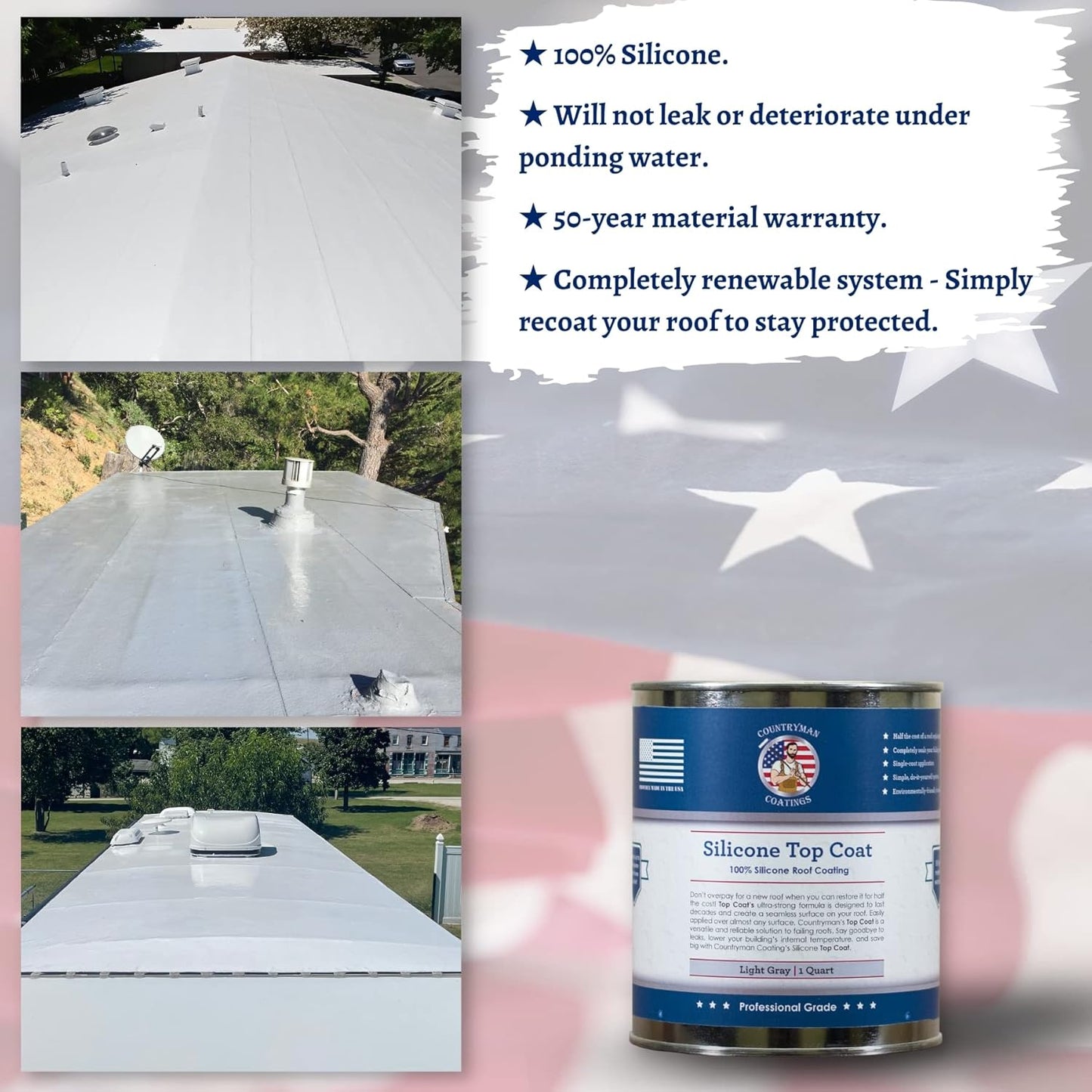 Countryman Coatings - 100% Silicone Roof Coating - Restore Your Roof in a Day - Seal Leaks, Cracks