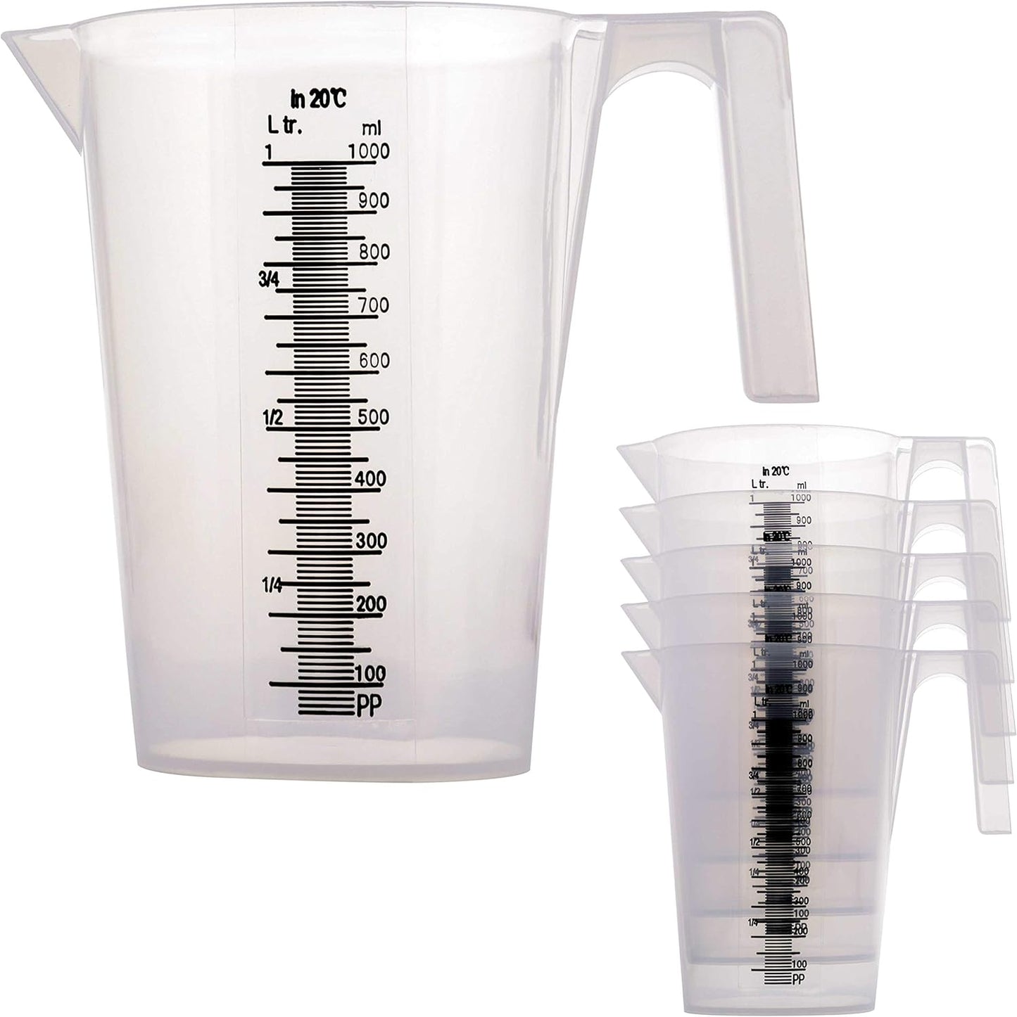TCP Global 1 Liter (1000ml) Plastic Graduated Measuring and Mixing Pitcher (Pack of 6) - Holds Over